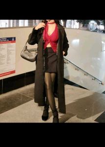 Chic Black Long Coat with Red Top Outfit
