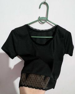 Black lace trim crop top