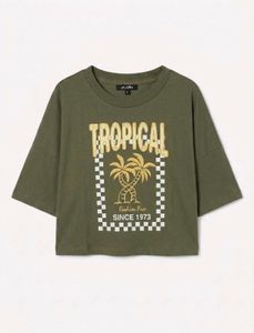 zudio printed baggy crop top olive green colour