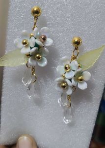 Handmade Elegant Pearl and Red Stone Drop Earrings