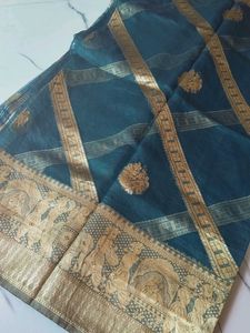 Elegant Teal Saree with Gold Border