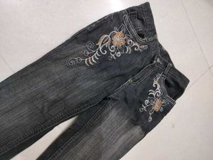 Embroidered Black Denim Jeans