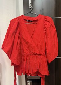 Chic Red Wrap Top with Puff Sleeves
