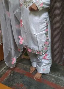 White Silk Kurta Set with Pink Embroidery