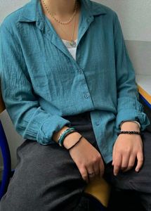 Korean Pintrest Solid Teal Button-Up Shirt