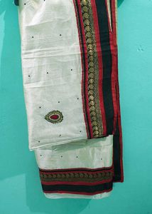 Off-White Saree with Red &amp; Black Border