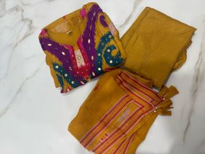 New Pure silk Ikkat yellow Kurta Set with Dupatta
