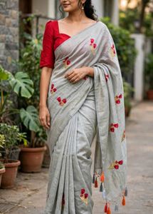 Elegant Grey Saree with Red Floral Embroidery
