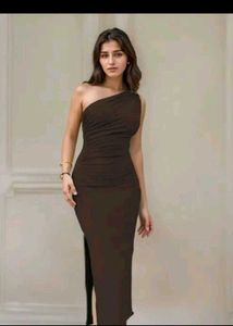 Chic One-Shoulder Ruched Maxi Dress brown