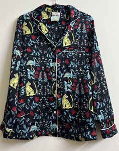 Whimsical Cat &amp; Crane Print Pajama Top