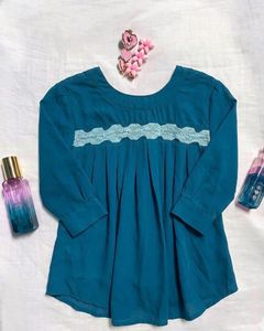 Teal Lace Trim Blouse