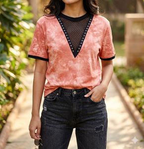 Trendy Tie-Dye V-Neck Mesh T-Shirt