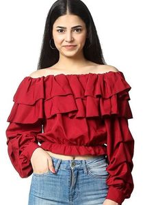Red Off-Shoulder Ruffle Crop Top