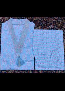 Blue Printed Cotton Kurta Set