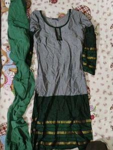 Grey & Green Kurta Set (kurti+pant)