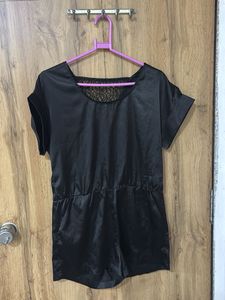 Chic Black Satin Romper with Lace Detail
