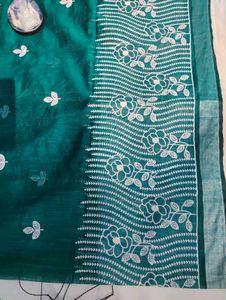 Elegant Teal Saree with White Floral Embroidery