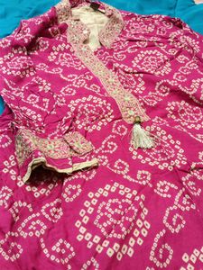 Silai Bandhej Pink Embroidery  Kurta with Sahara Bottom