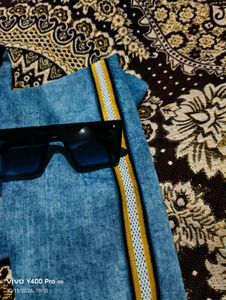 Distressed Blue Jeans with Side Stripe