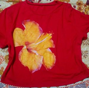 Red T-Shirt with Yellow Hibiscus Print