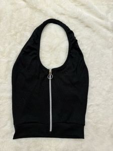 Black Halter Zip Crop Top