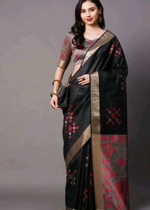 Elegant Black Saree with Red &amp; Grey Motifs