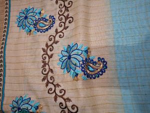 Embroidered Saree with Blue Floral Motifs
