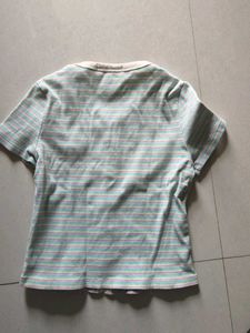 Striped Button-Up T-Shirt with Flower Accent