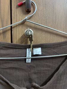 Brown Ribbed Cropped Long Sleeve Top