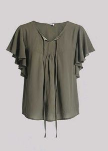 Olive Green Ruffle Sleeve Top_ Size XS