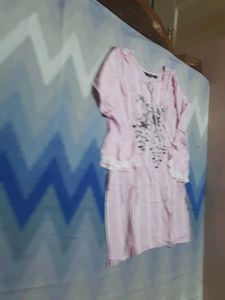 Pink Striped Kurta with White Pants Set