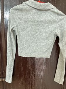 Grey Cropped Collared Button-Up Top