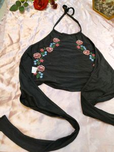 Embroidered Halter Neck Crop Top