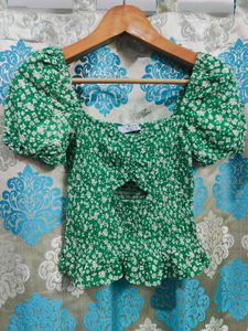 Bershka Green Floral Smocked Crop Top
