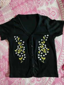 Embroidered Black Button-Up Top