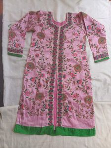 Embroidered Pink Kurta Set with Green Skirt