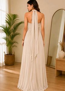 Elegant Beige Halter Neck Maxi Dress