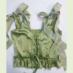 Mint Satin Y2k Lace-Up Corset Top