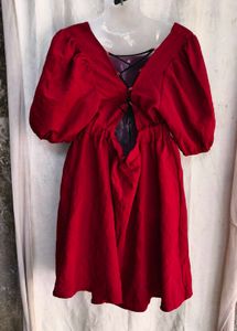 Chic Red Square Neck Puff Sleeve Dress