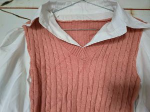 Chic Pink Knit Sweater Vest with White Shirt