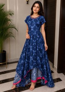Stylish Blue Printed Ethnic Gown