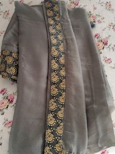 Elegant Grey Saree with Brocade Blouse