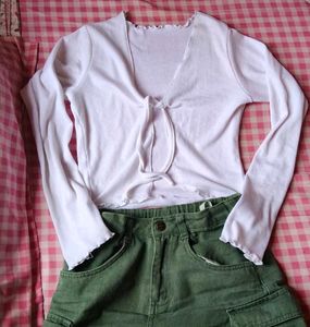 White Tie-Front Long Sleeve Top