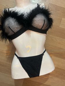 Black Feather Trimmed Bra & Thong Set