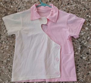 Cute Pink &amp; White Heart Cutout Polo Shirt