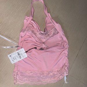 Pink Halter Neck Lace Trim Top