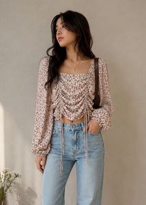 Floral Ruched Long Sleeve Crop Top