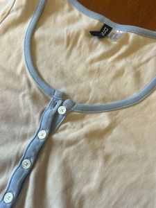 Cream &amp; Blue Button-Up Crop Top