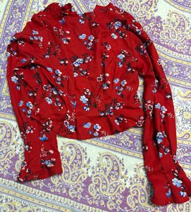Red Floral Button-Up Blouse