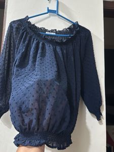 Mango Navy Blue Smocked Top